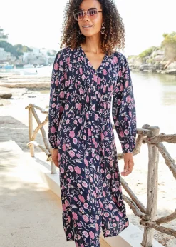 Cotton Traders Navy Pintuck Maxi Dress