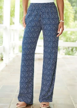 Cotton Traders Navy Printed Pull-On Wide-Leg Trousers