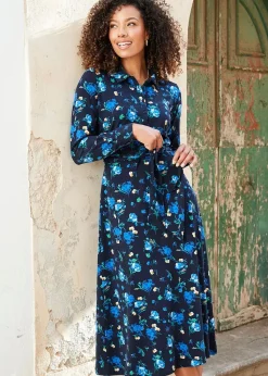 Cotton Traders Navy Print Jersey Midi Shirt Dress