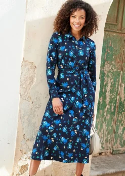 Cotton Traders Navy Print Jersey Midi Shirt Dress