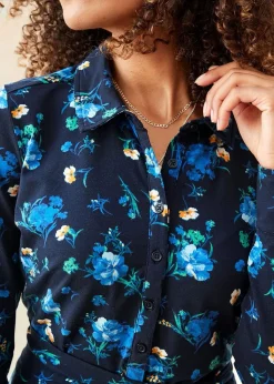 Cotton Traders Navy Print Jersey Midi Shirt Dress