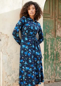 Cotton Traders Navy Print Jersey Midi Shirt Dress
