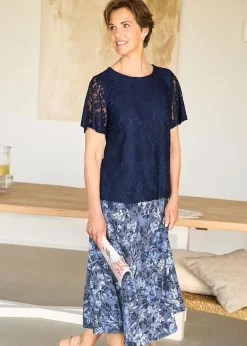 Cotton Traders Navy Stretch Lace Jersey Top