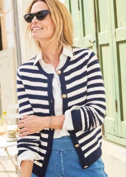 Cotton Traders Navy Stripe Textured Button Cardigan