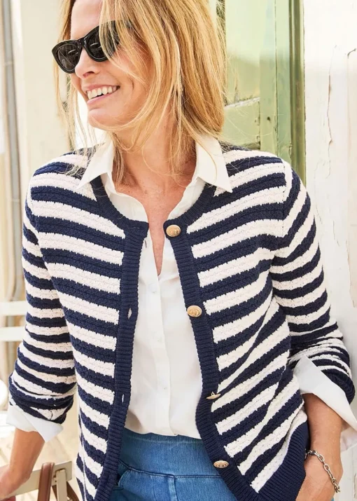 Cotton Traders Navy Stripe Textured Button Cardigan