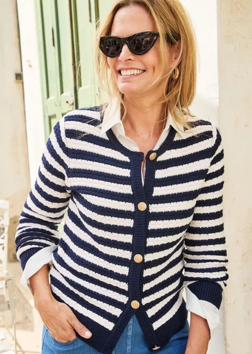 Cotton Traders Navy Stripe Textured Button Cardigan