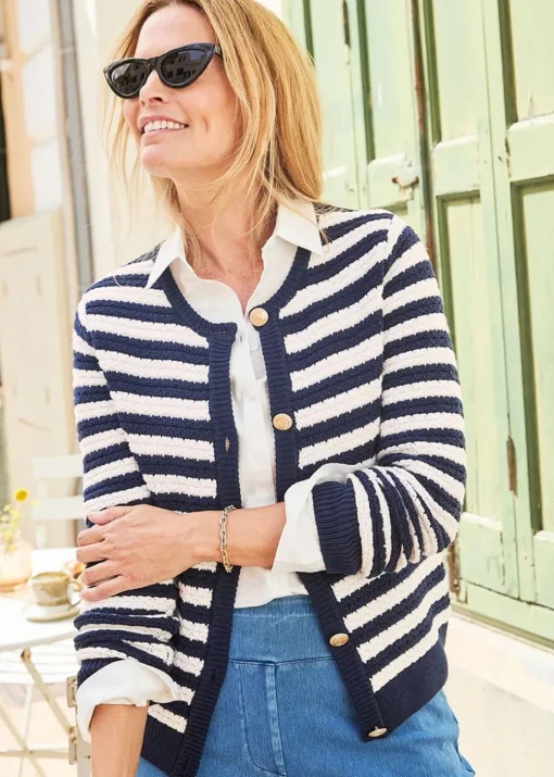 Cotton Traders Navy Stripe Textured Button Cardigan