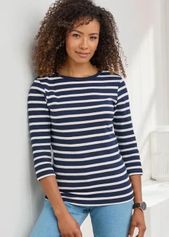 Cotton Traders Navy Wrinkle Free Stripe Boat Neck Top