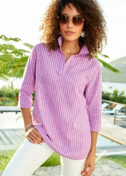 Cotton Traders Orchid Stripe 3/4 Sleeve Cotton-Linen Overshirt
