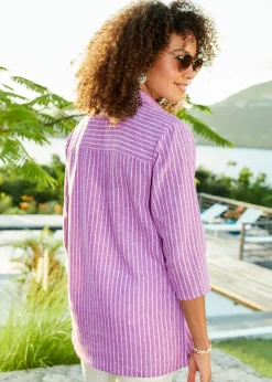 Cotton Traders Orchid Stripe 3/4 Sleeve Cotton-Linen Overshirt