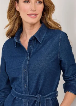 Cotton Traders Pale Blue Jersey Denim Midi Shirt Dress