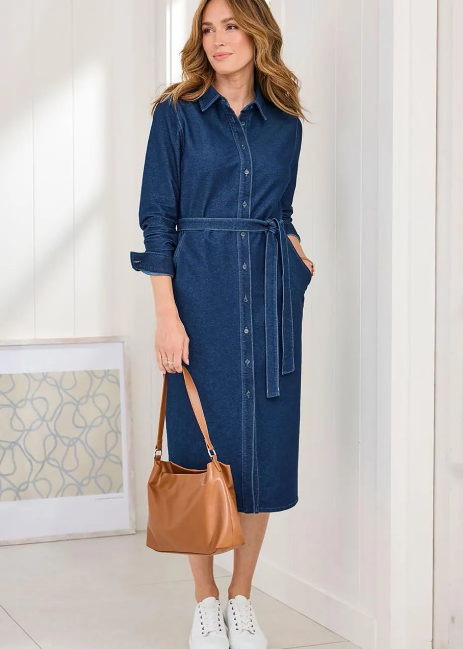 Cotton Traders Pale Blue Jersey Denim Midi Shirt Dress