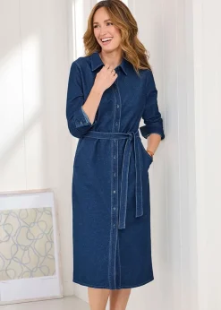 Cotton Traders Pale Blue Jersey Denim Midi Shirt Dress
