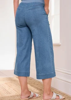 Cotton Traders Pale Blue Wide Leg Crop Pull On Jeans
