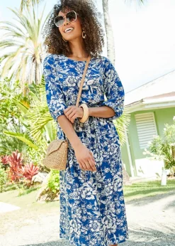 Cotton Traders Soft Blue 3/4 Sleeve Print Dress