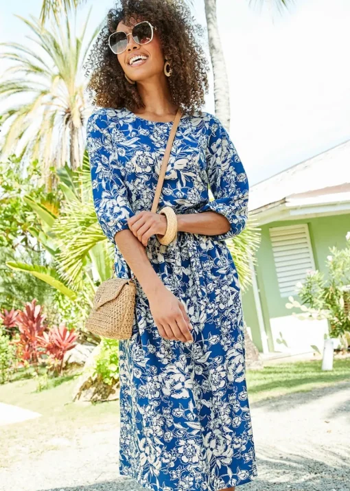 Cotton Traders Soft Blue 3/4 Sleeve Print Dress