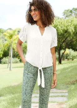 Cotton Traders Warm Cream Broderie Sleeve Tie Front Top