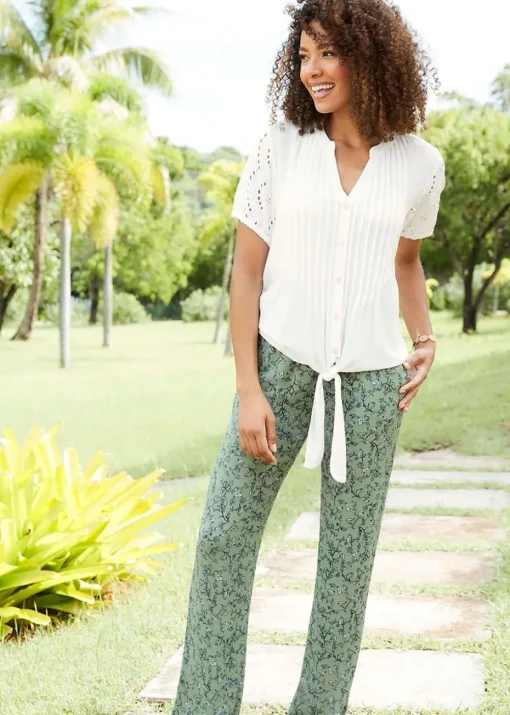 Cotton Traders Warm Cream Broderie Sleeve Tie Front Top