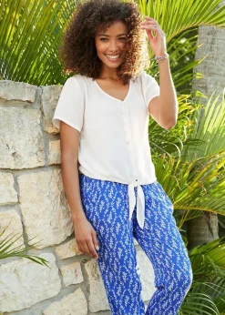 Cotton Traders Warm Cream Short Sleeve Tie Front Crinkle Top