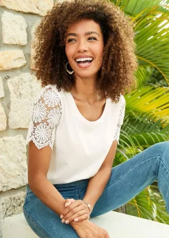 Cotton Traders Warm Cream Lace Sleeve T Shirt