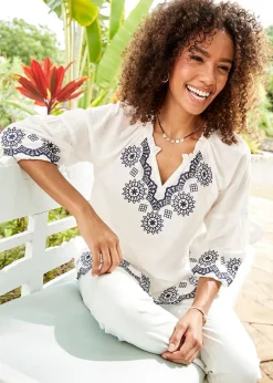 Cotton Traders Warm Cream Embroidered 3/4 Sleeve Top