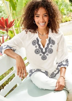 Cotton Traders Warm Cream Embroidered 3/4 Sleeve Top