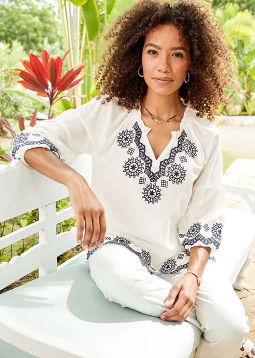 Cotton Traders Warm Cream Embroidered 3/4 Sleeve Top