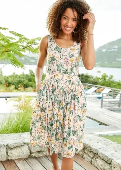 Cotton Traders Warm Cream Printed Crinkle Short Dress