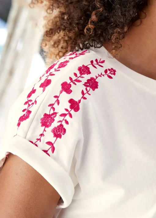 Cotton Traders Warm Cream Embroidered Jersey Top