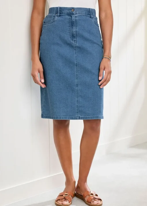 Cotton Traders Washed Blue Stretch Denim Skirt