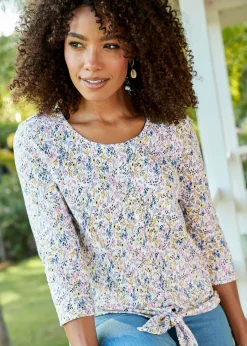 Cotton Traders Washed Iris 3/4 Sleeve Tie Waist Print Textured Top