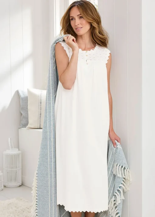 Cotton Traders White Sleeveless Broderie Nightdress