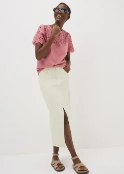 Cream Denim Midi Skirt