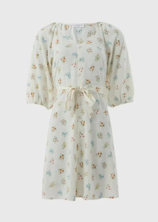 Cream Ditsy Floral Belted Mini Tea Dress