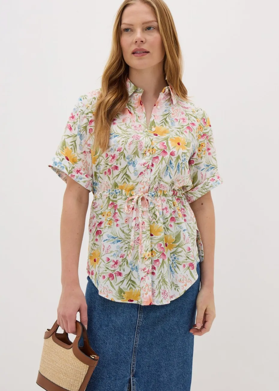 Cream Floral Tie Waist Longline Shirt