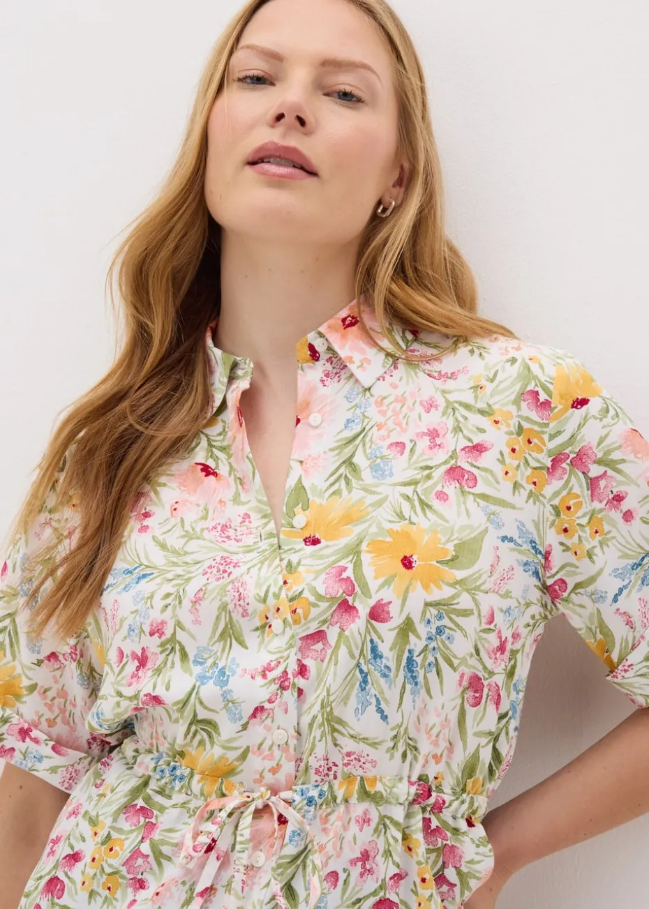 Cream Floral Tie Waist Longline Shirt