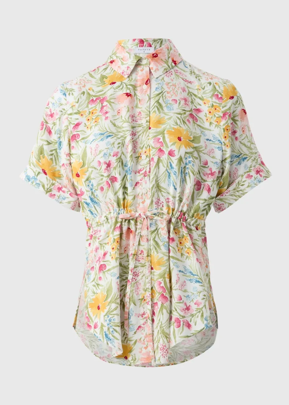 Cream Floral Tie Waist Longline Shirt