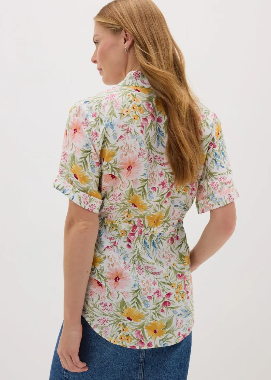 Cream Floral Tie Waist Longline Shirt