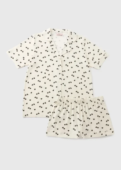 Cream Monochrome Heart Print Shorts Pyjama Set