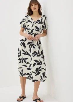 Cream Monochrome Leaf Puff Sleeve Midi Tea Dress