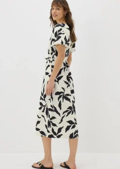 Cream Monochrome Leaf Puff Sleeve Midi Tea Dress