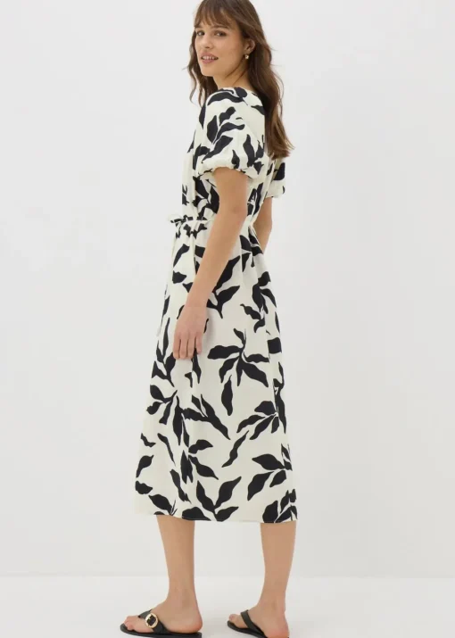 Cream Monochrome Leaf Puff Sleeve Midi Tea Dress