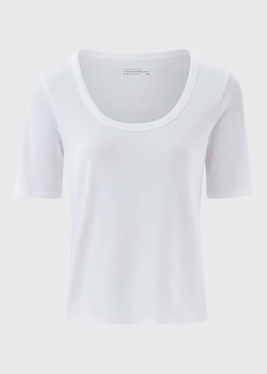 Cream Ribbed Scoop Neck Fitted T-Shirt