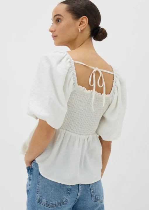 Cream Shirred Tie Back Blouse