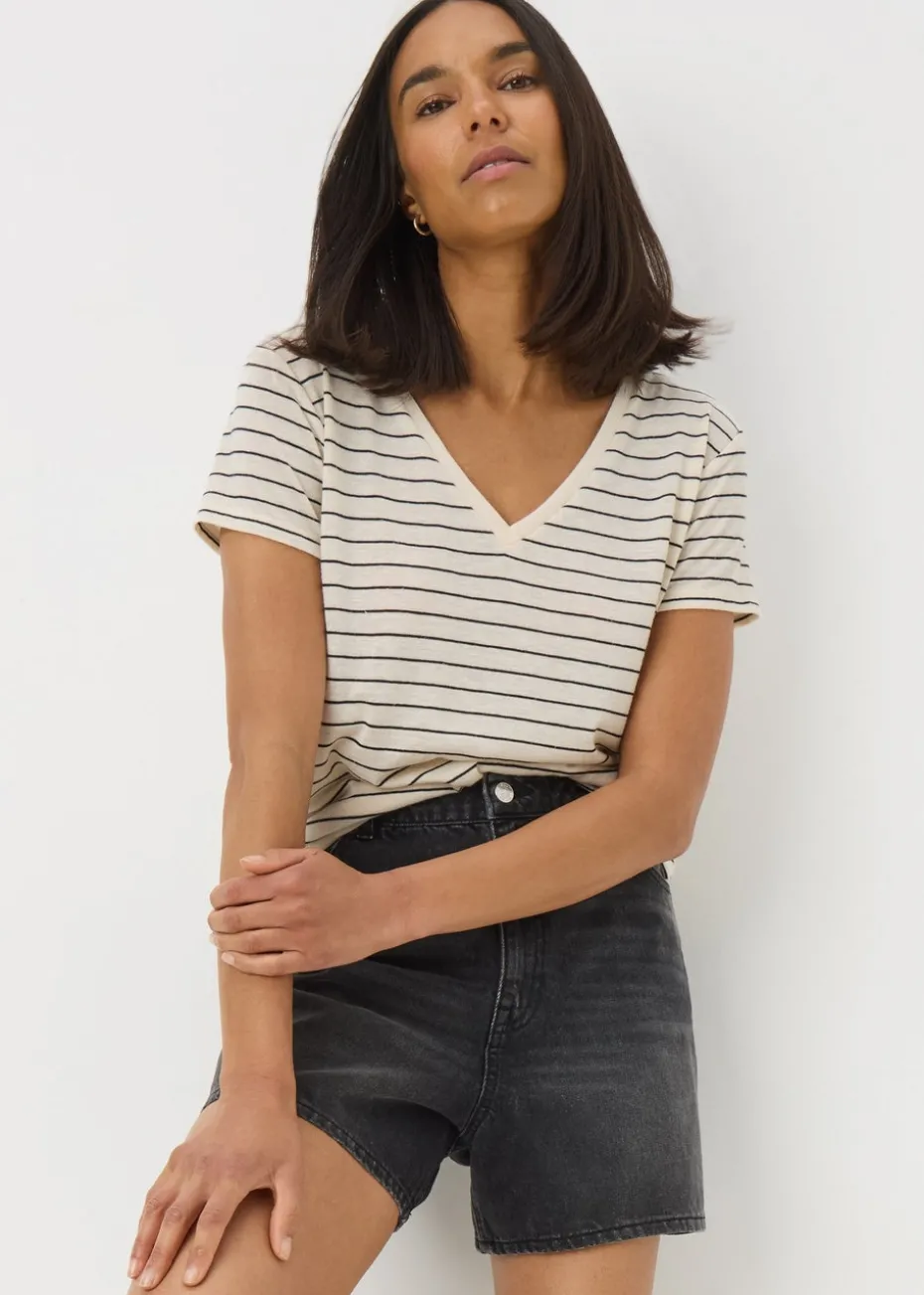 Cream Stripe Linen Blend V-Neck T-Shirt