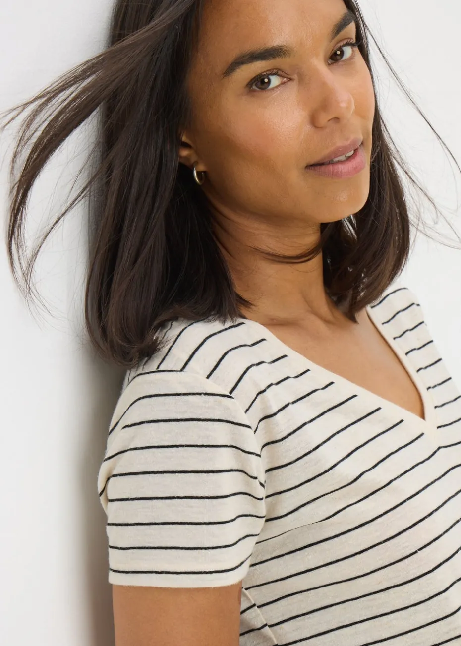 Cream Stripe Linen Blend V-Neck T-Shirt