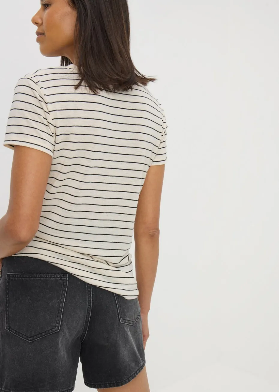 Cream Stripe Linen Blend V-Neck T-Shirt
