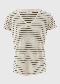 Cream Stripe Linen Blend V-Neck T-Shirt