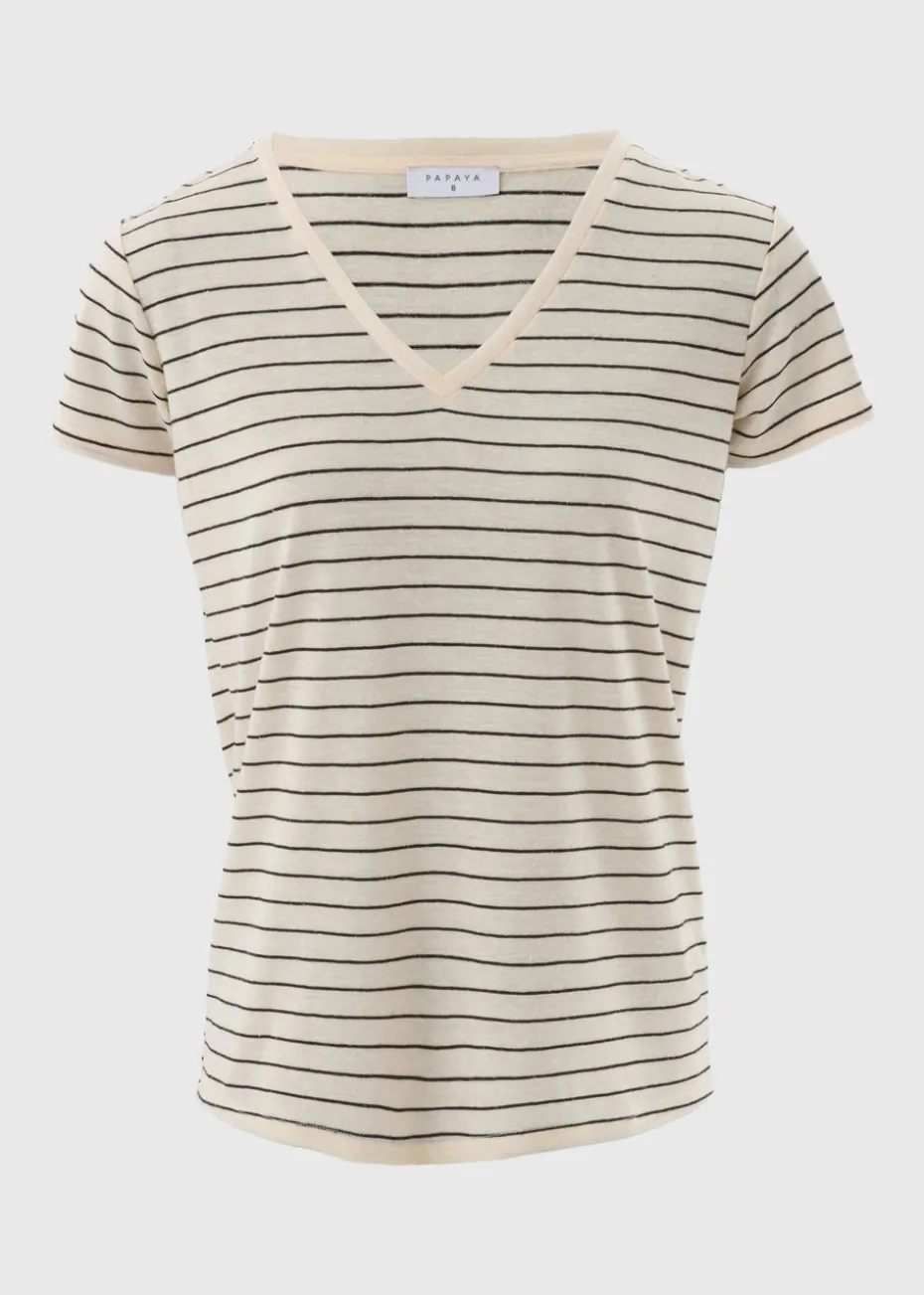 Cream Stripe Linen Blend V-Neck T-Shirt