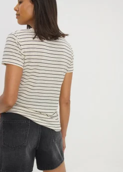 Cream Stripe Linen Blend V-Neck T-Shirt